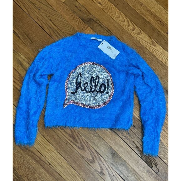 M&S Marks & Spencer Kids Hello Sequin Blue Fuzzy Sweater Jumper NWT - Picture 6 of 7